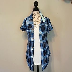 BNWT!! Plaid button down with attached criss cross neckTee!!